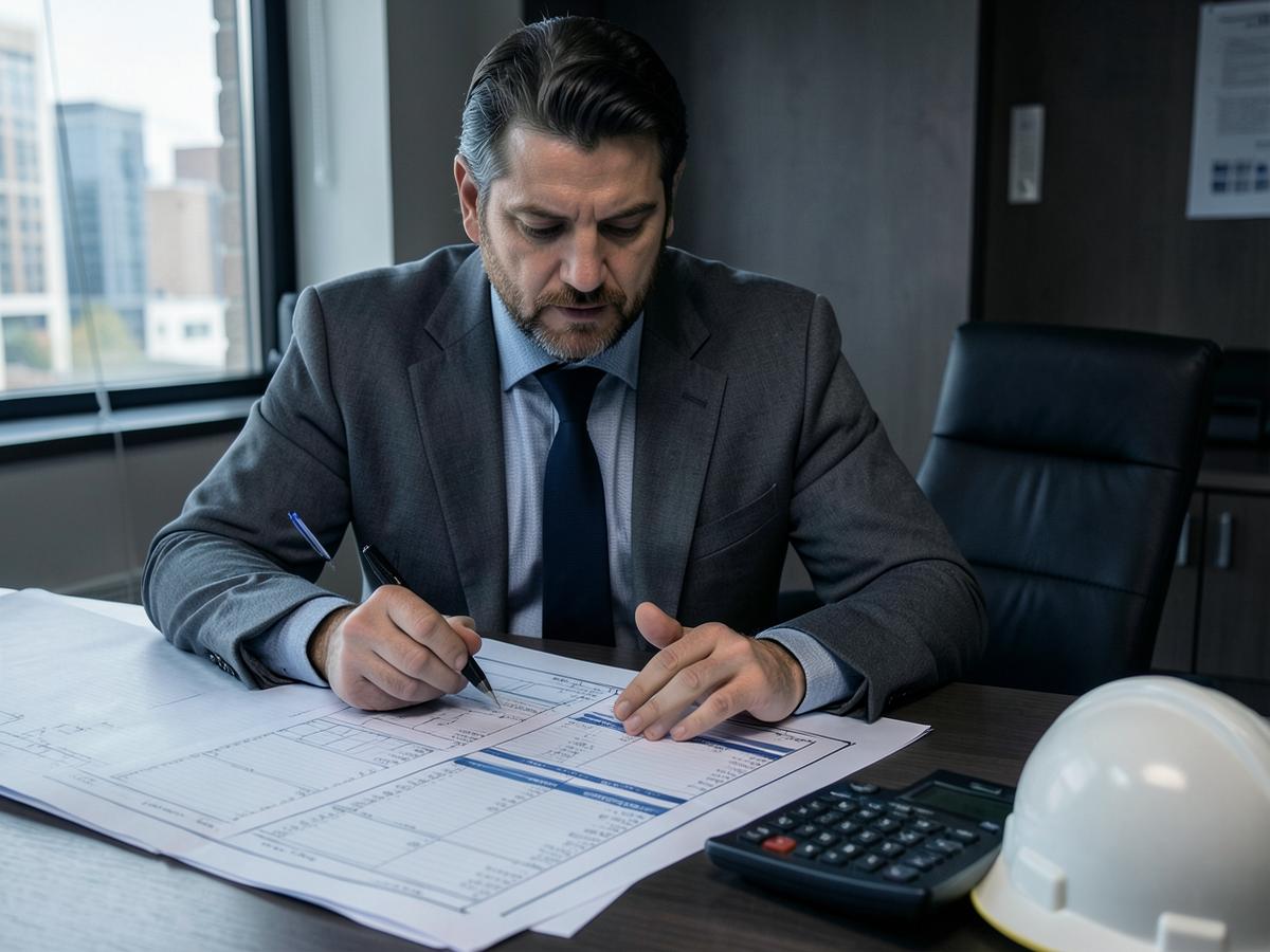 Ingeniero de costos revisando planos y presupuesto de obra